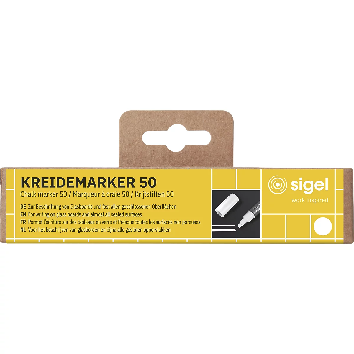 Gele verpakking met de tekst 'KREIDEMARKER 50', merklogo en een pen.