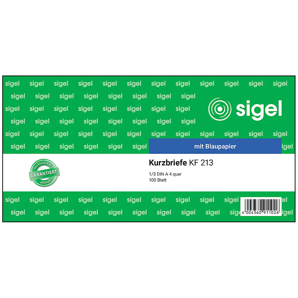Eine grüne Produktverpackung mit dem Logo 'sigel', blauer Schriftzug 'mit Blaupapier', darunter 'Kurzbriefe KF 213'.