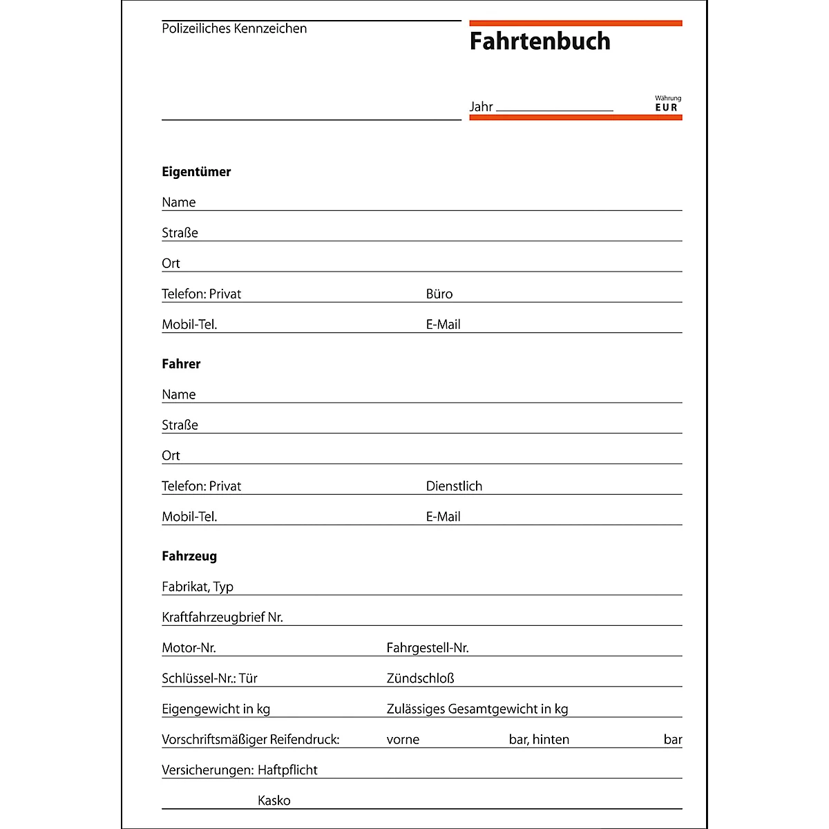 A white logbook with black text. The word 'Fahrtenbuch' is highlighted in red. Various fields for owner, driver, and vehicle.
