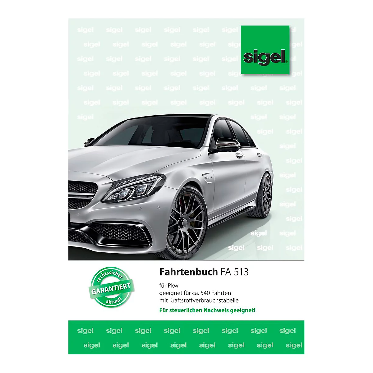 Silver car with black roof and rims in front of a background with the Sigel logo. Title: Fahrtenbuch FA 513.