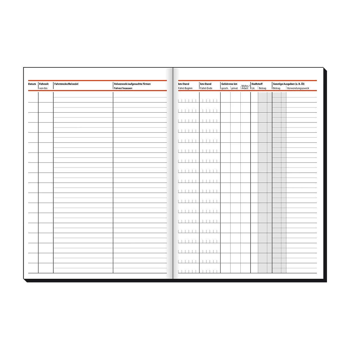 Open book with lined pages, orange headings. Detailed columns for data and notes. Black binding.