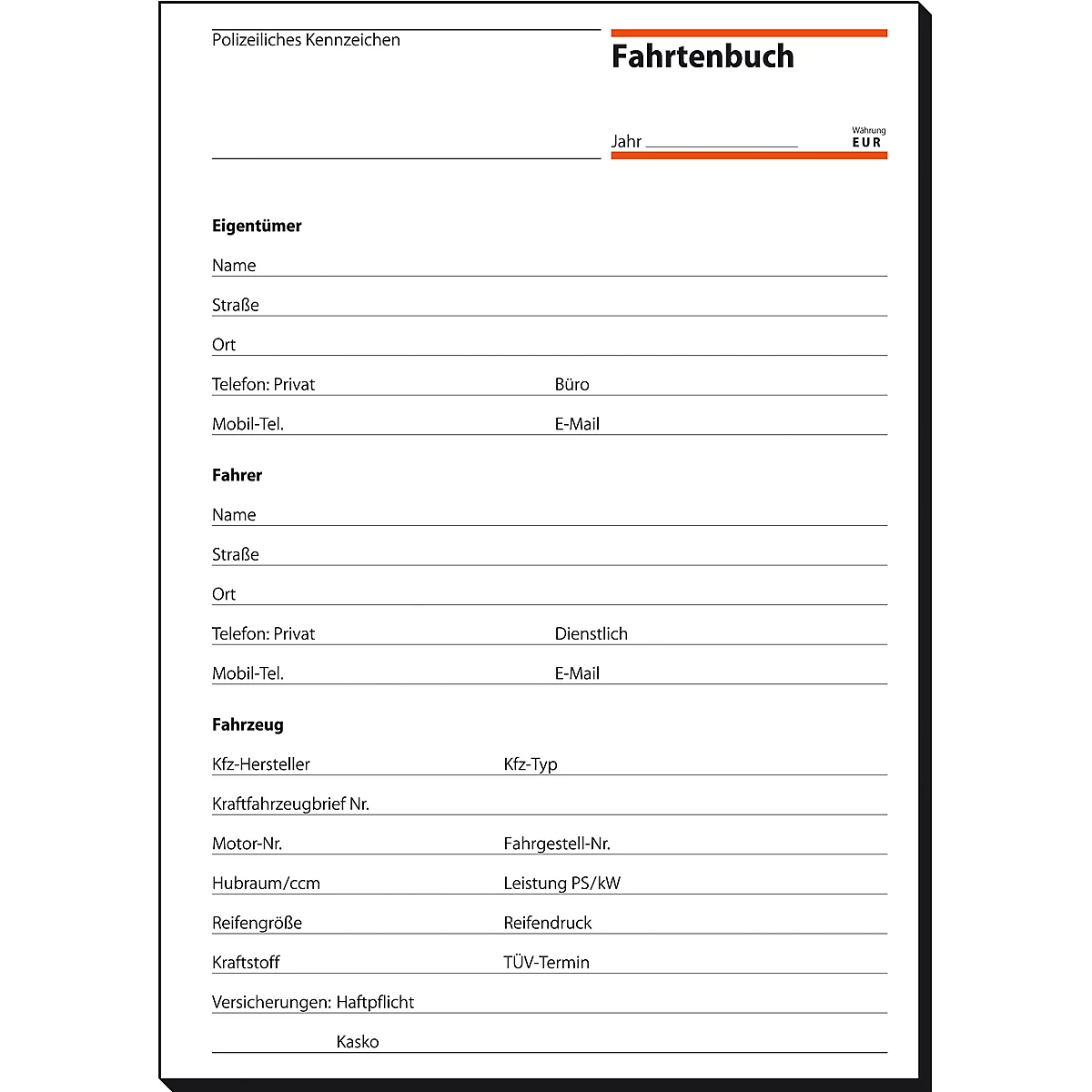 An empty logbook with entry fields for vehicle data and personal information.