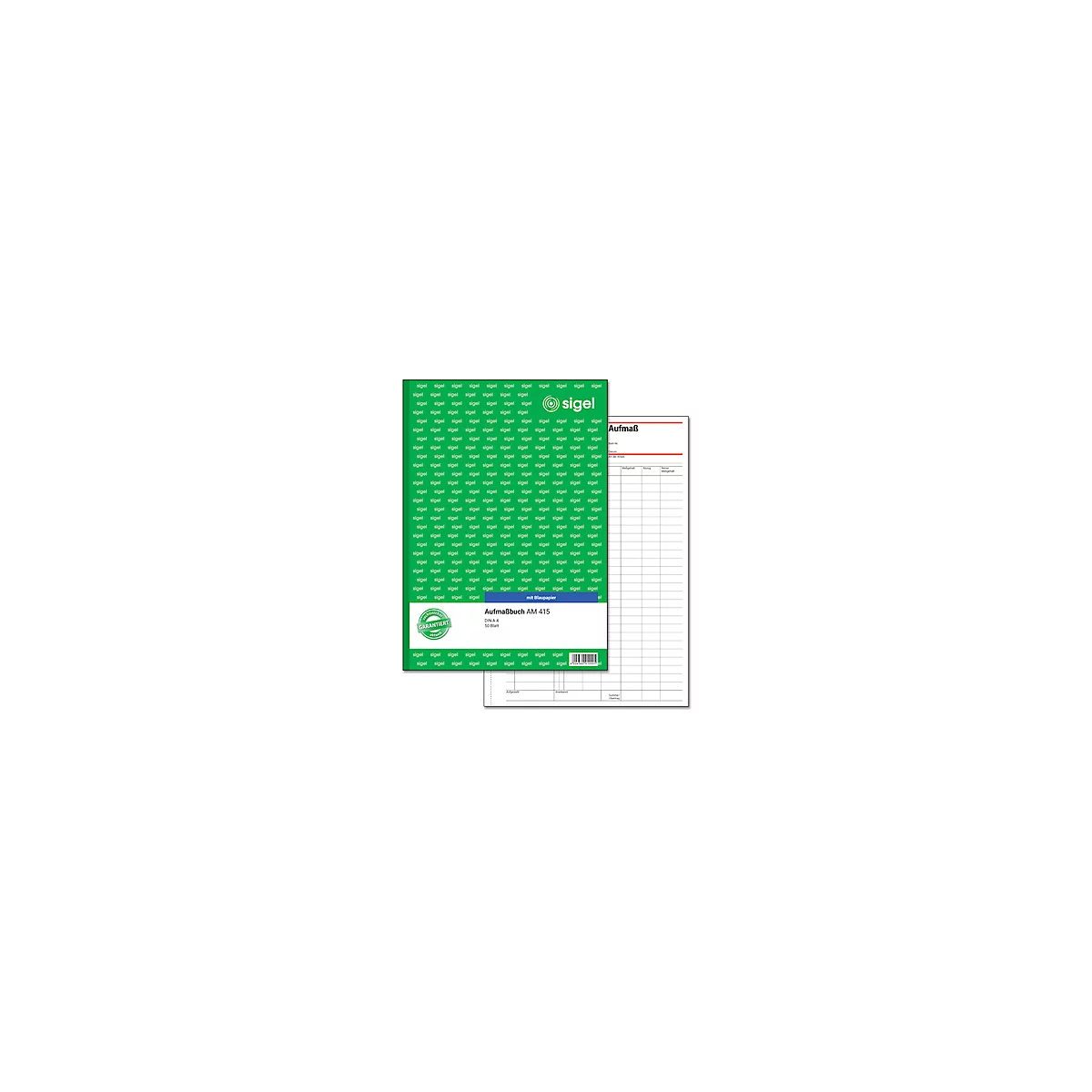 Green measurement book with white paper, next to an open sheet.