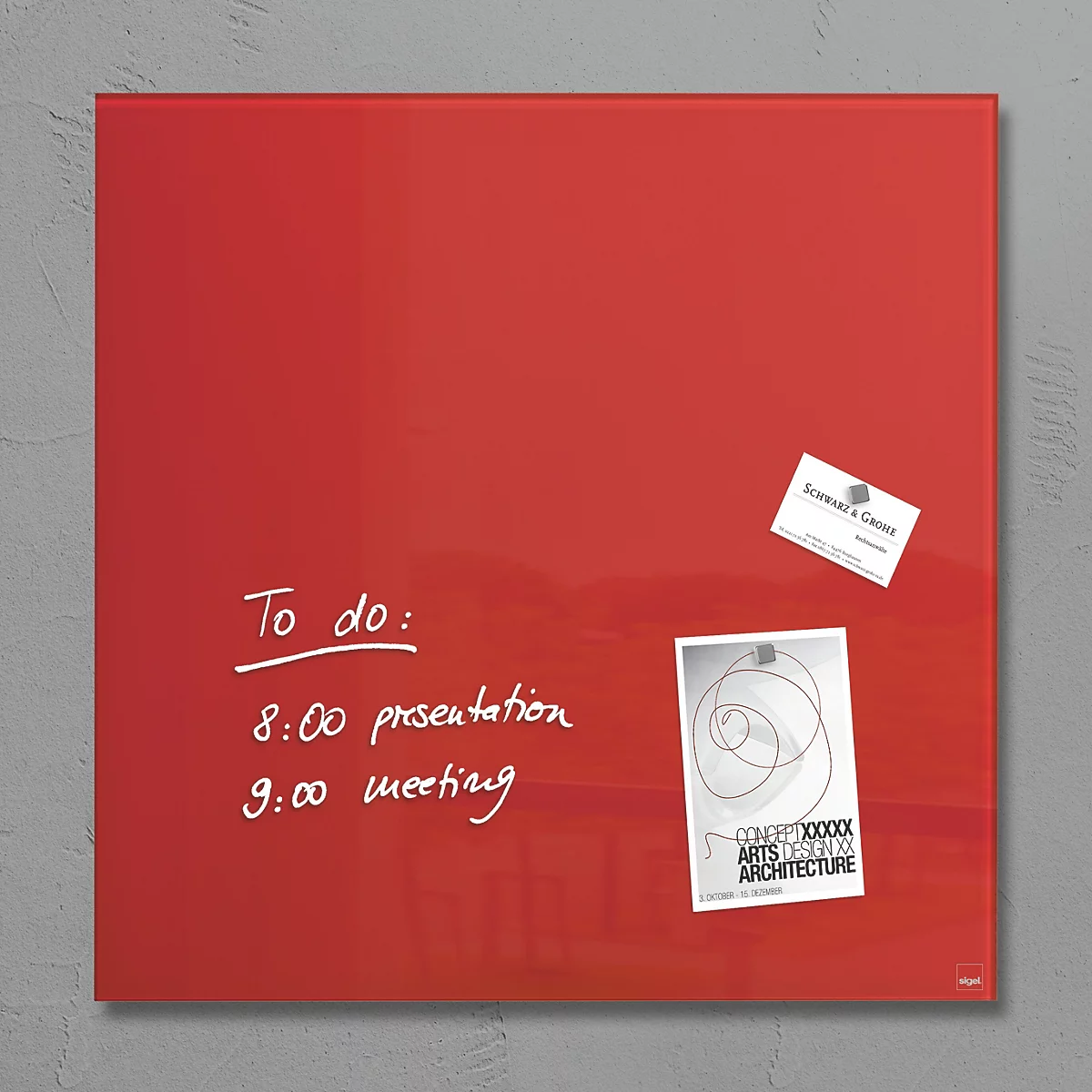 Rotes Glas-Magnetboard mit "To do" Notizen und zwei angehefteten Karten. Grauer Hintergrund.