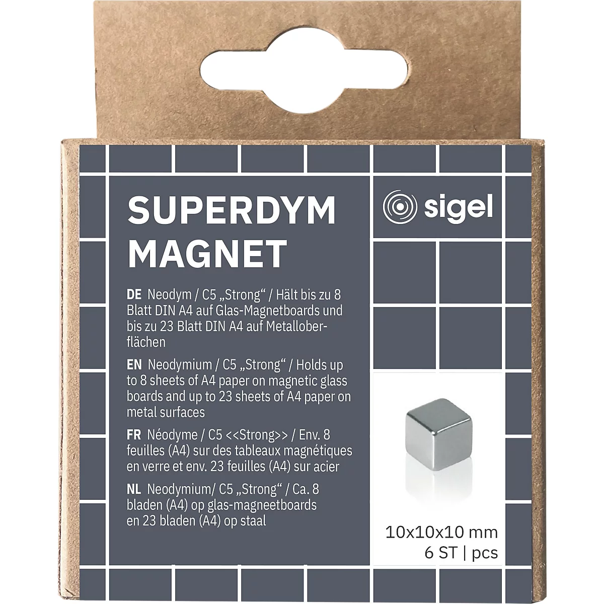 Karton met vierkante magneten. Label: SuperDym Magnet. Bevat informatie in het Duits, Engels, Frans en Nederlands.