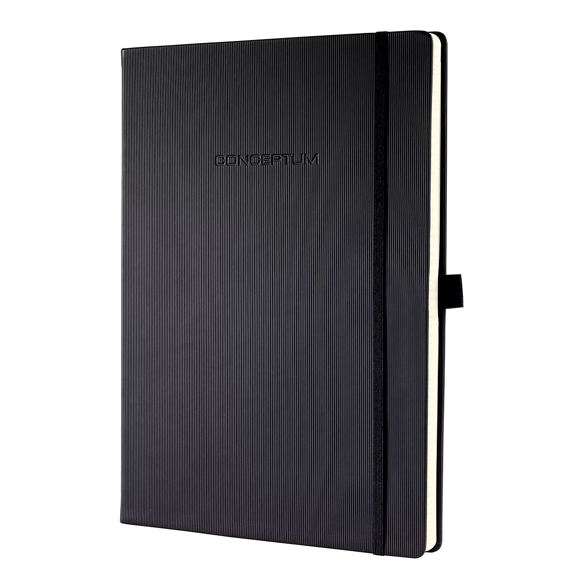 Black notebook with CONCEPTUM lettering, elastic band, and line design.