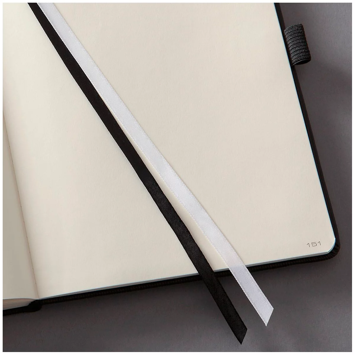 Open notebook with black and white bookmarks. The page number 151 is on the corner.