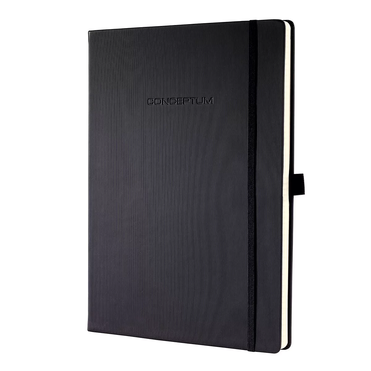 Black notebook with ribbed surface and elastic band. The word "CONCEPTUM" is embossed on the front.