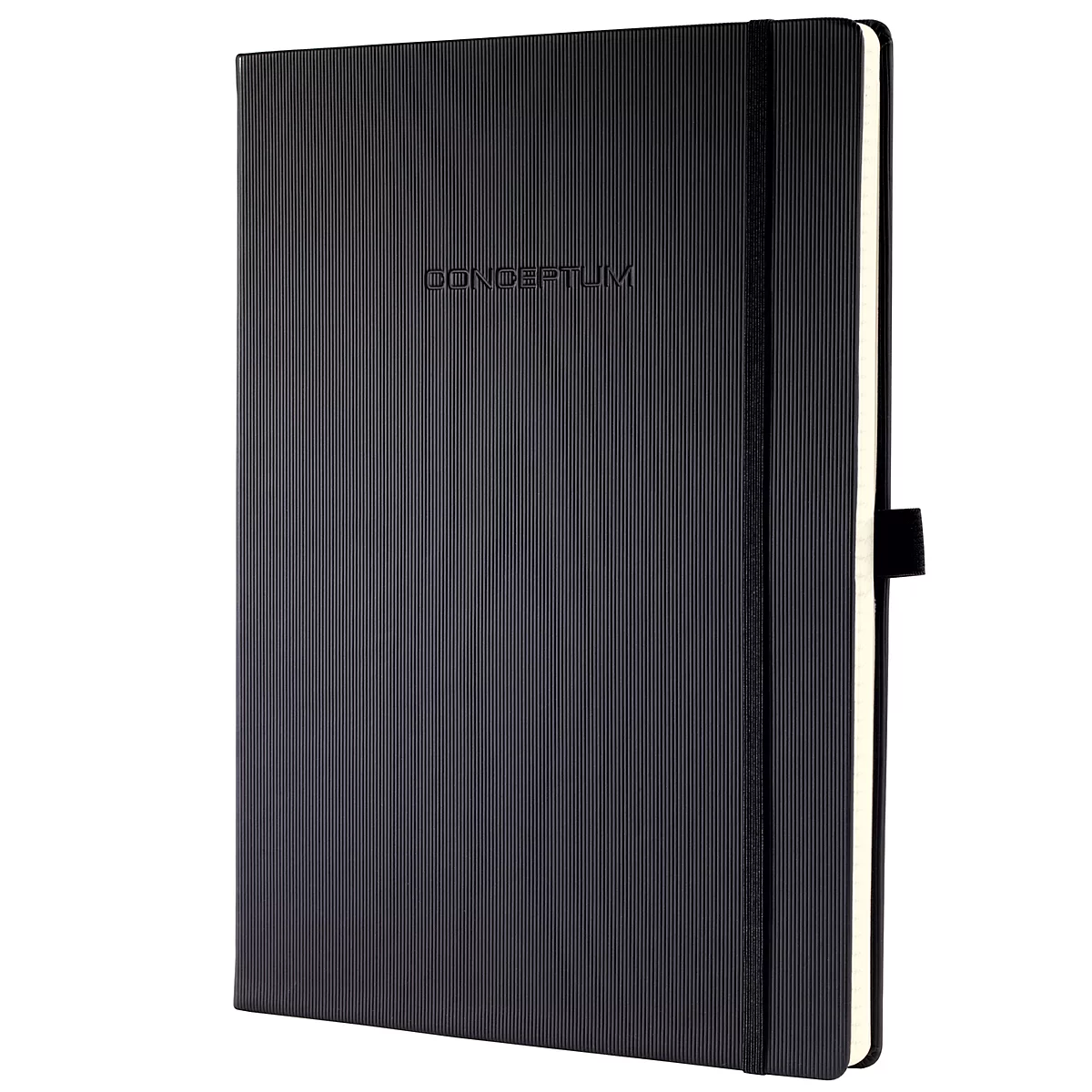 Black notebook with ridged surface, elastic band and CONCEPTUM lettering.