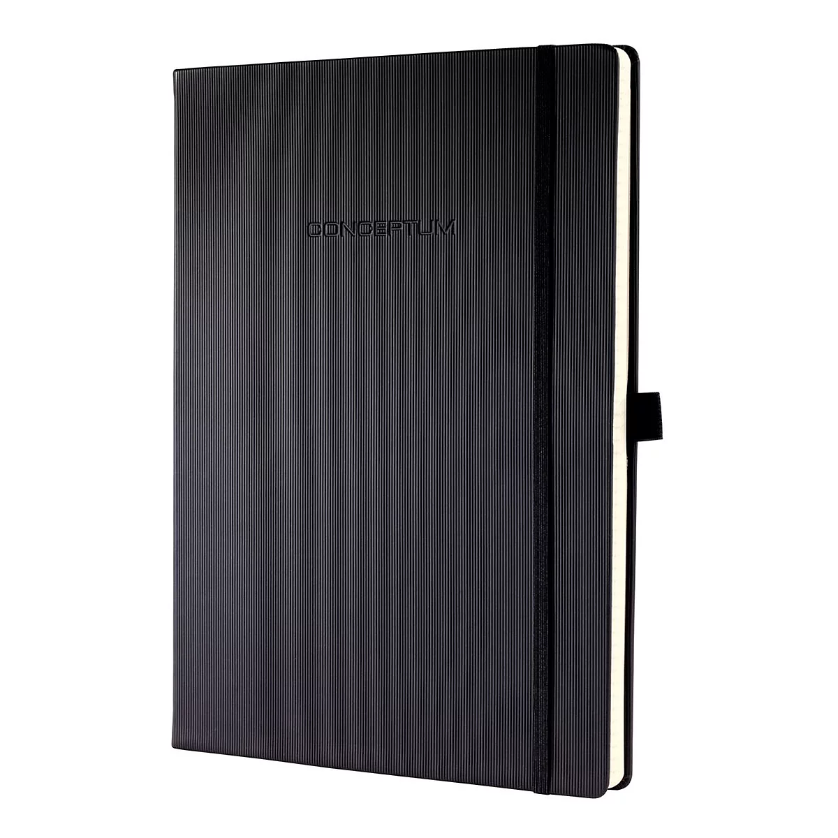 Black notebook with embossed 'Conceptum' lettering and elastic band. Ribbed surface.