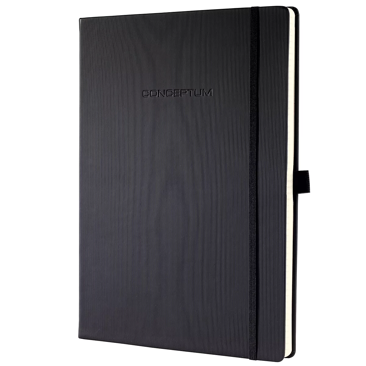 Black notebook with vertical lines and elastic band. Embossed: CONCEPTUM.