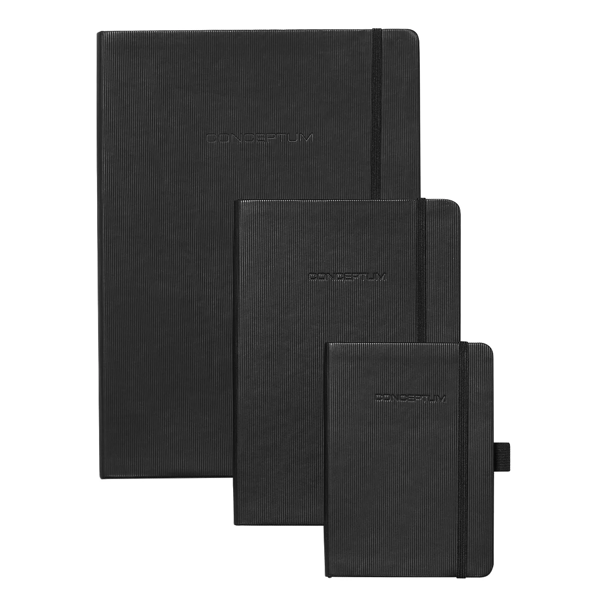 Three black notebooks of different sizes. With elastic bands and embossed logo.