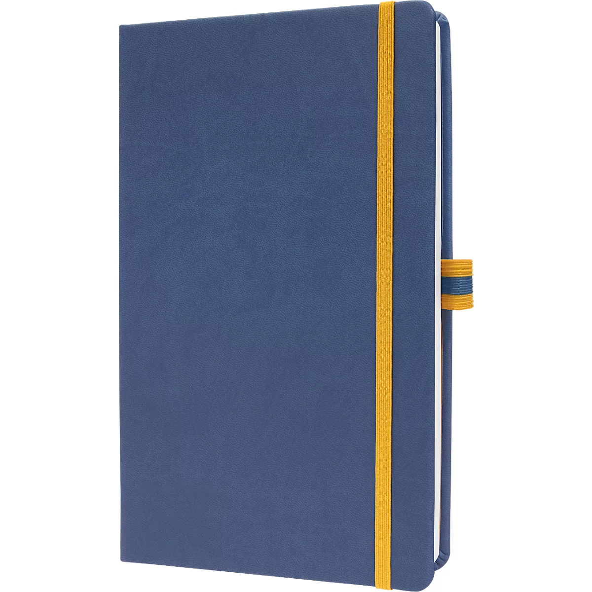 Blue notebook with yellow elastic band and clasp.