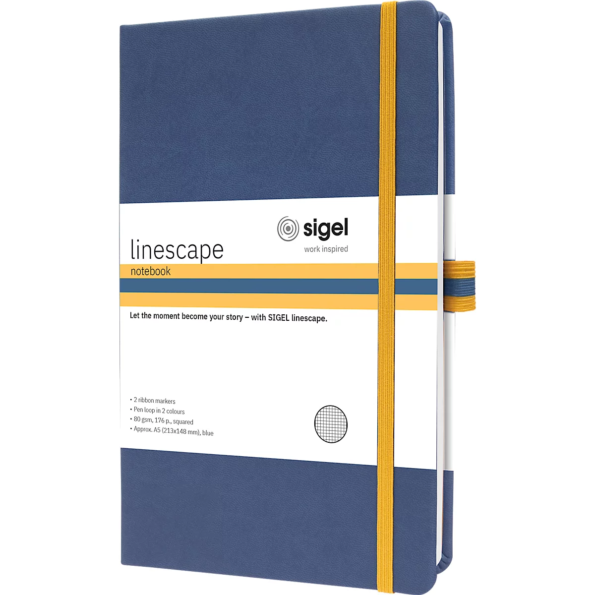 Blue notebook with yellow elastic band and Linescape lettering.