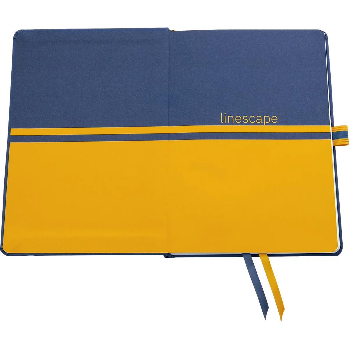 Notebook with blue and yellow color division, the word "linescape" and bookmarks.