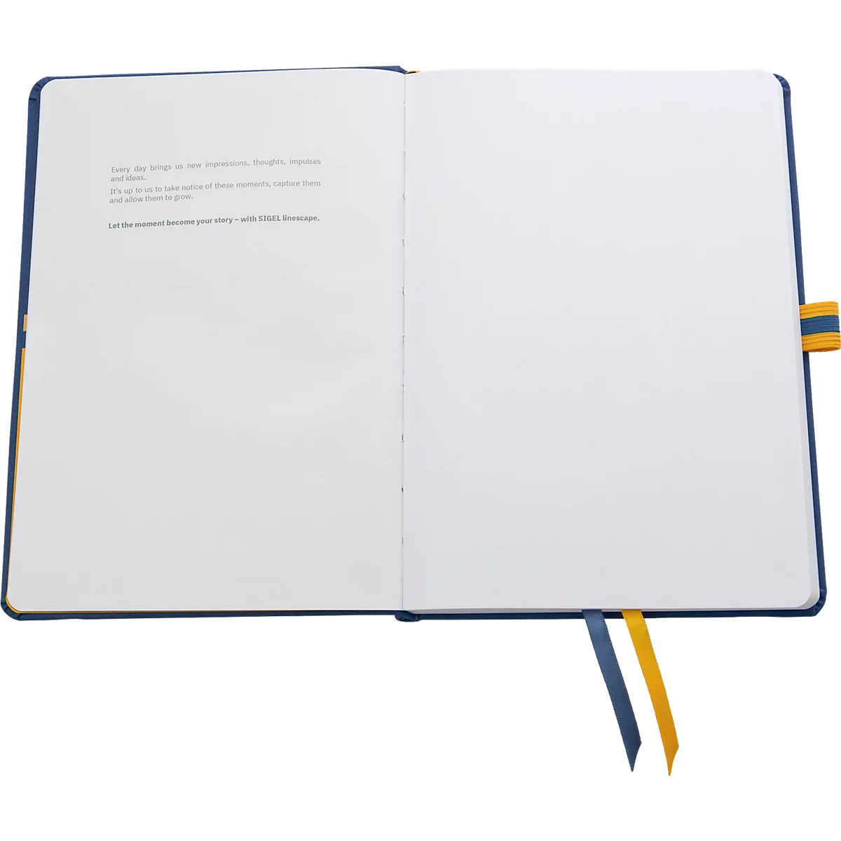 Open notebook with blue cover, white paper, and yellow/blue bookmarks. Left page with text, right page blank.