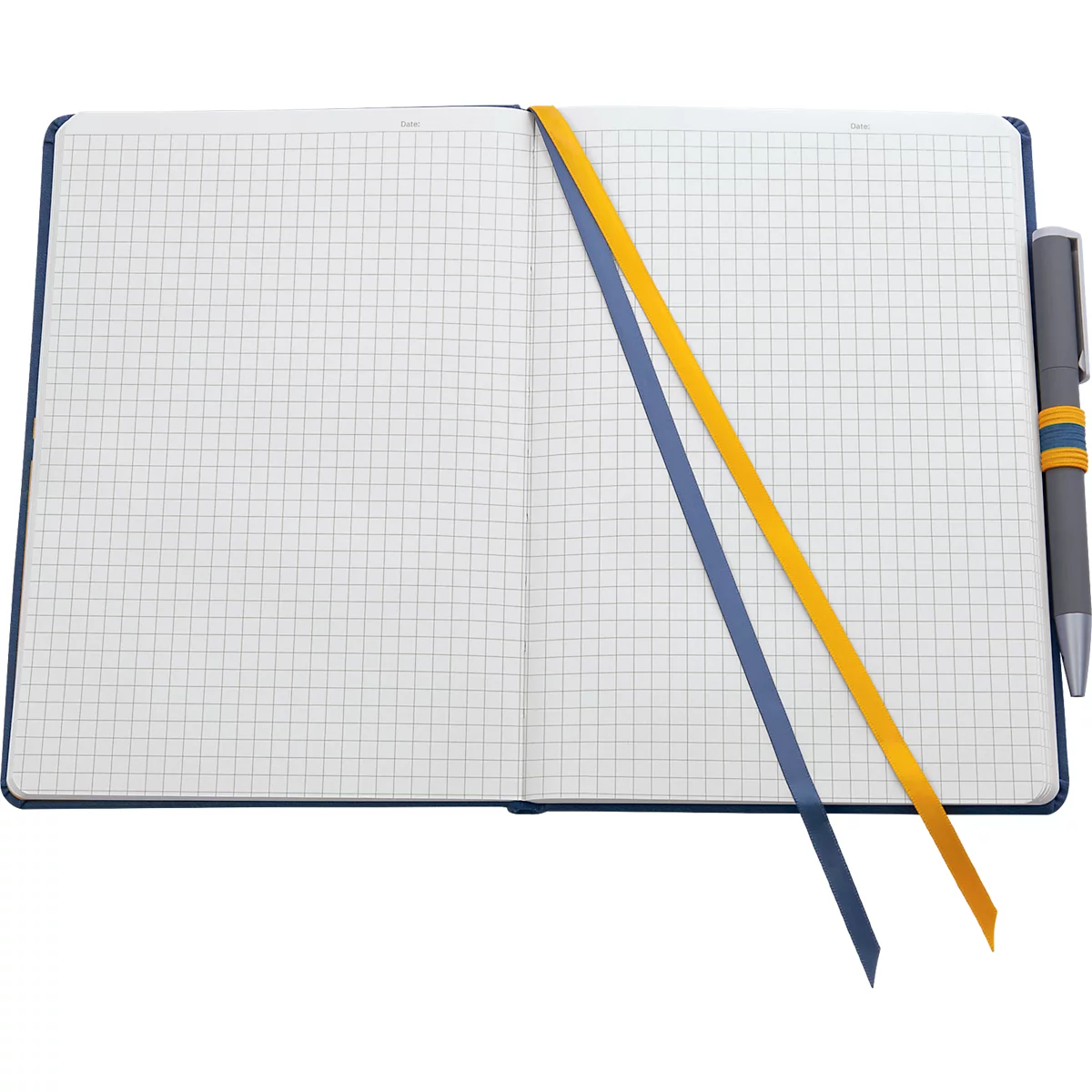 Open checkered notebook with yellow and blue ribbon bookmarks, next to a pen.