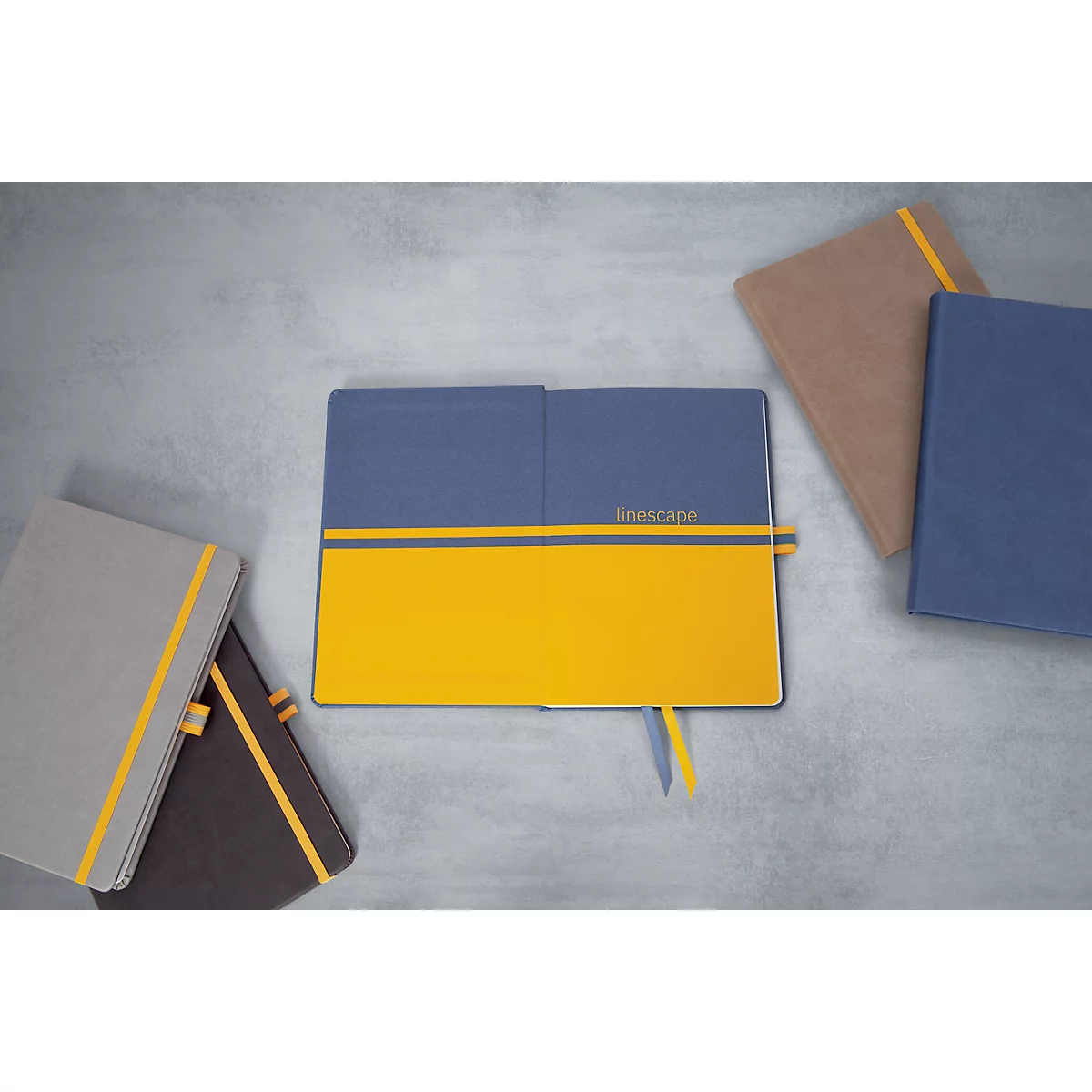 Several notebooks on a gray background. One blue and yellow book open with the lettering 'linescape'.
