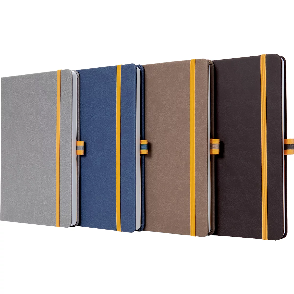 Four notebooks in different colors, with yellow elastic band and closure.