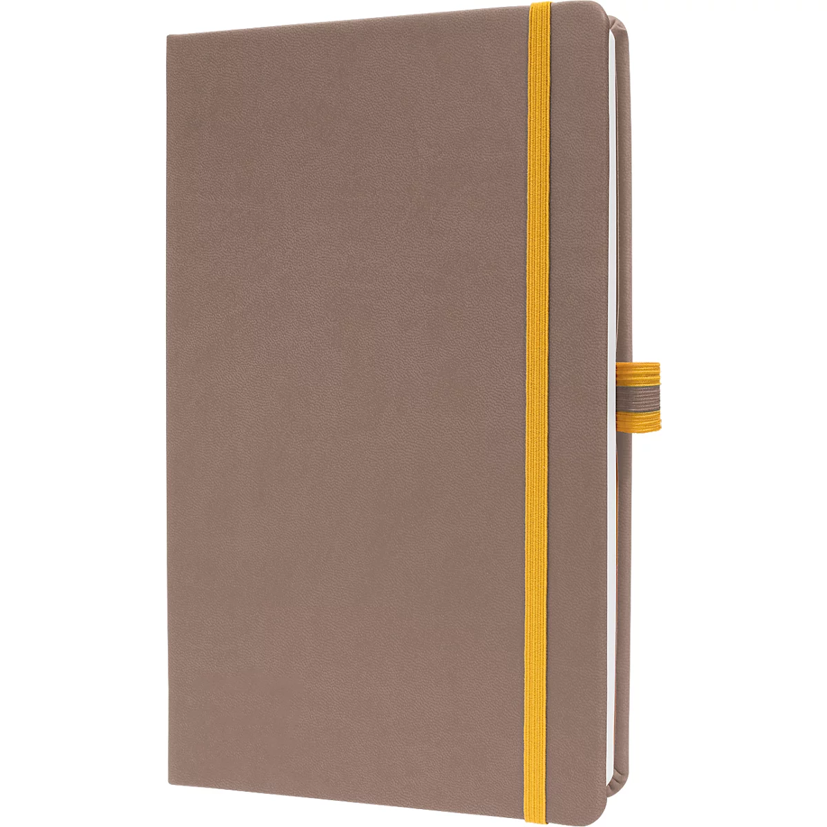 Brown notebook with yellow elastic band and closure, in oblique view.