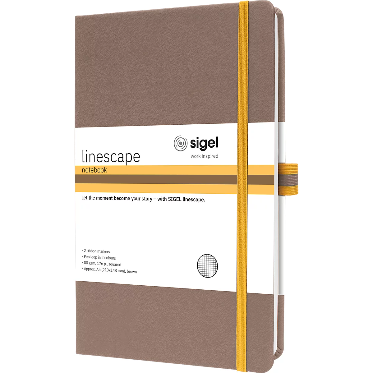 Brown-beige notebook with yellow elastic band. Inscription: Linescape, Sigel.