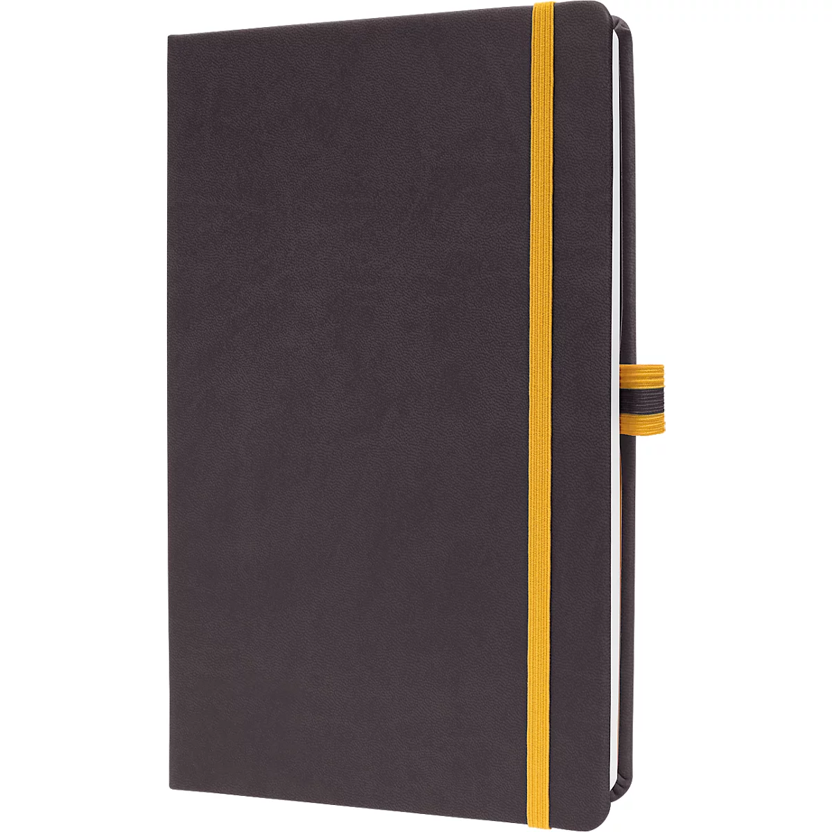 Dark brown notebook with yellow elastic band. The book is closed, with a yellow bookmark and a yellow rubber band.