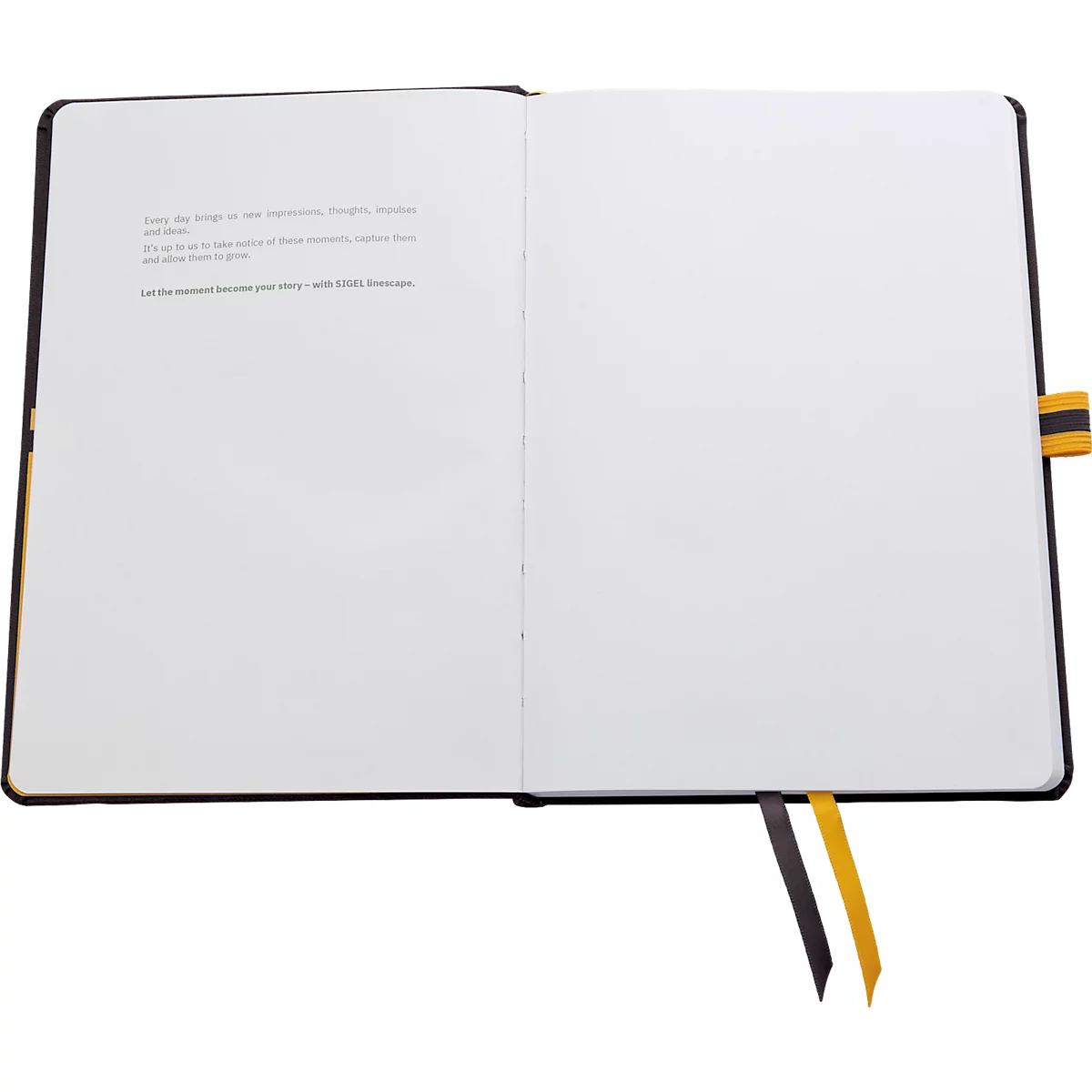 An open notebook with a black cover and white pages, text on the left. Black and yellow bookmark.