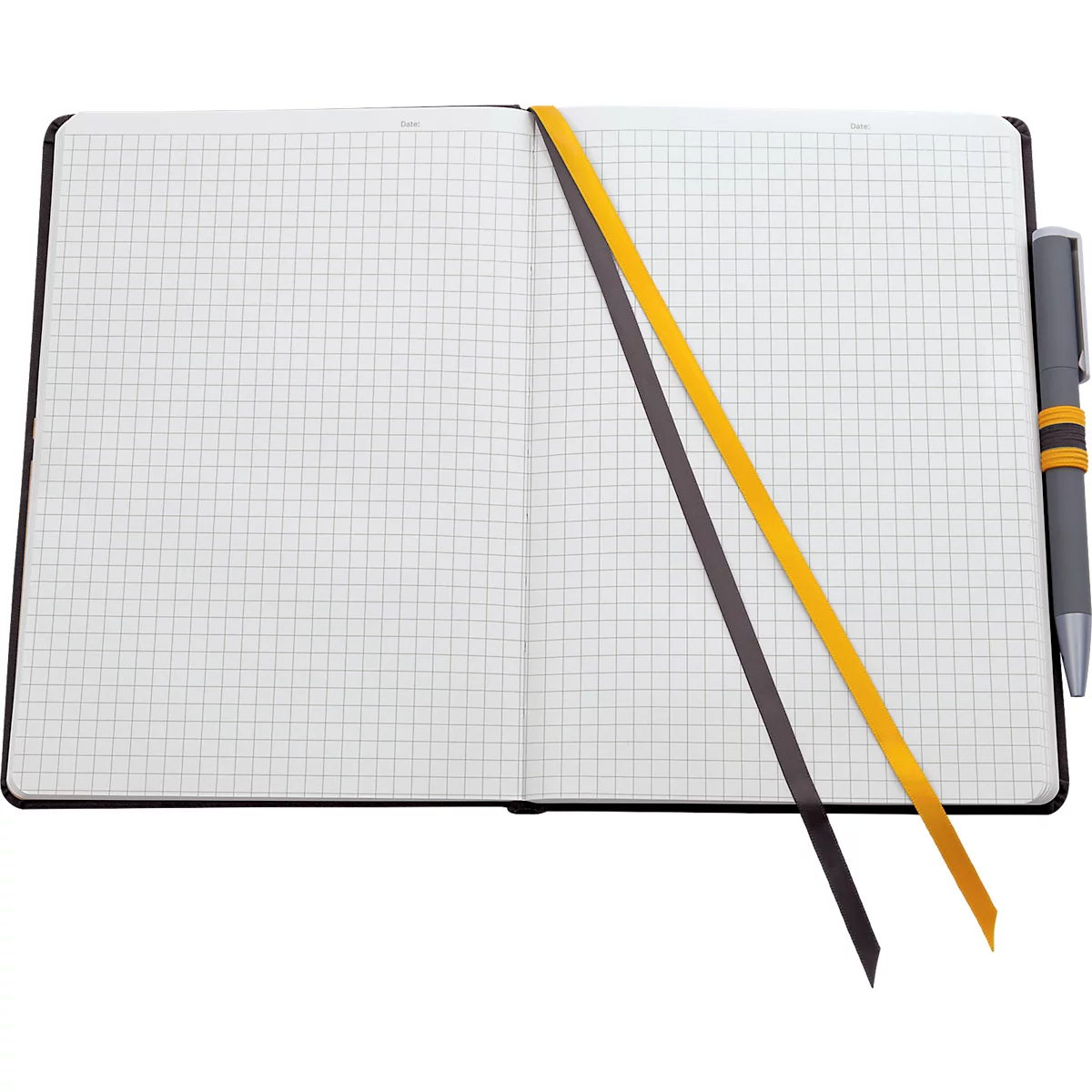 Open notebook with grid pages, two bookmarks, and a pen.