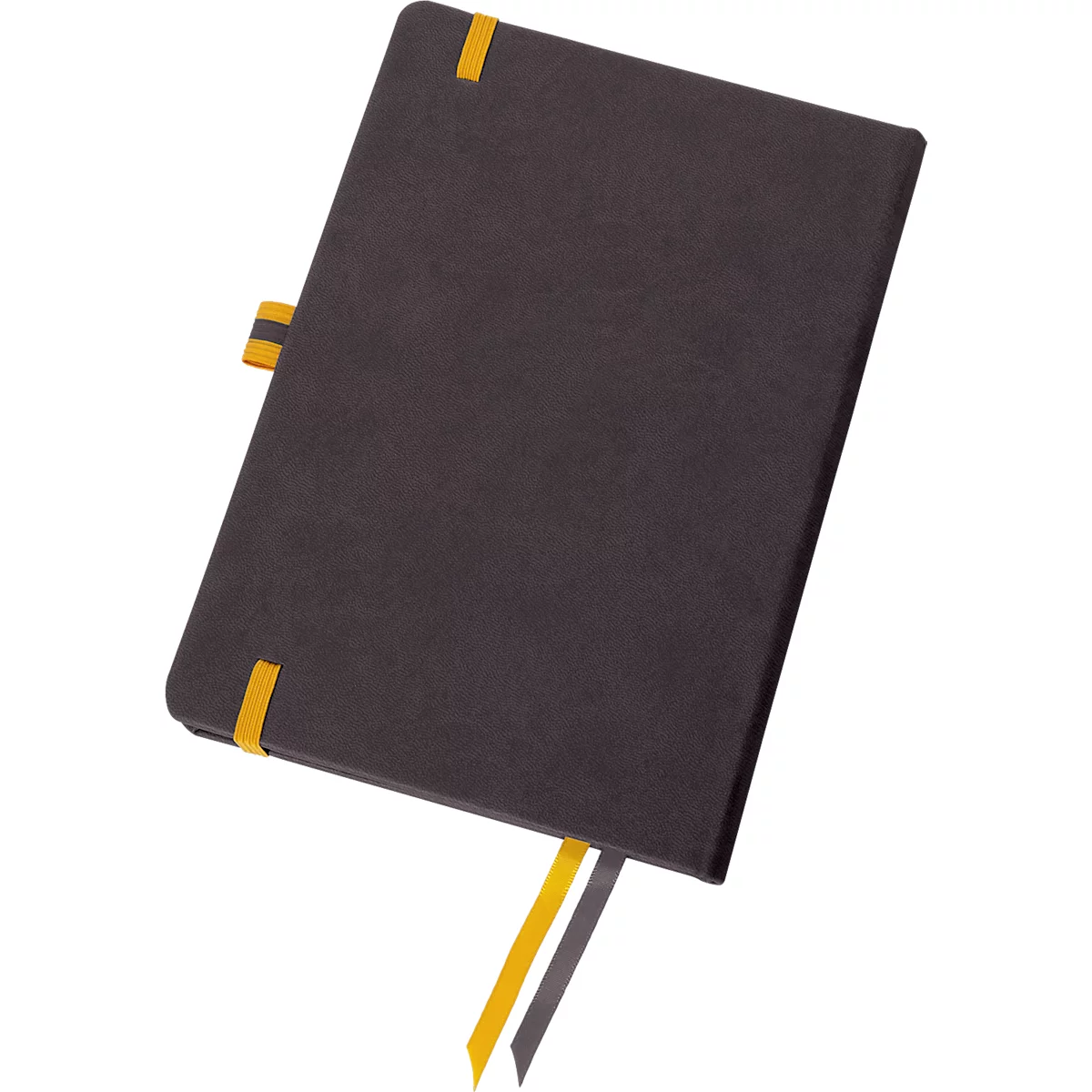 Black notebook with yellow bookmarks and closure.