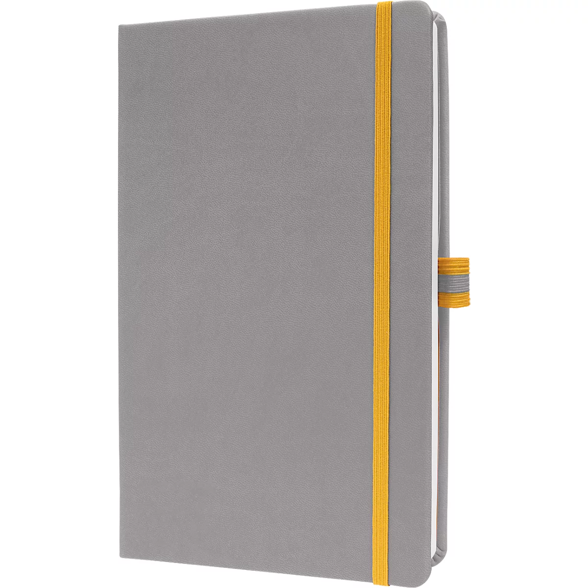 Grey notebook with yellow elastic band. On the right side an elastic band for closing the notebook.