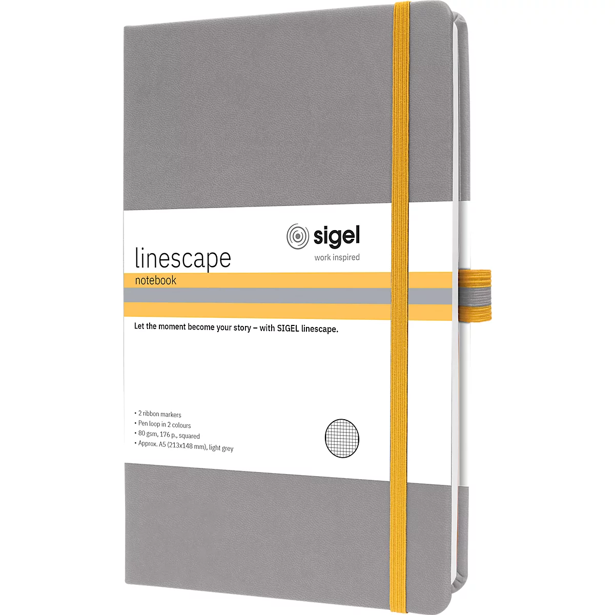 Gray notebook with yellow elastic band and white label with the words "linescape".