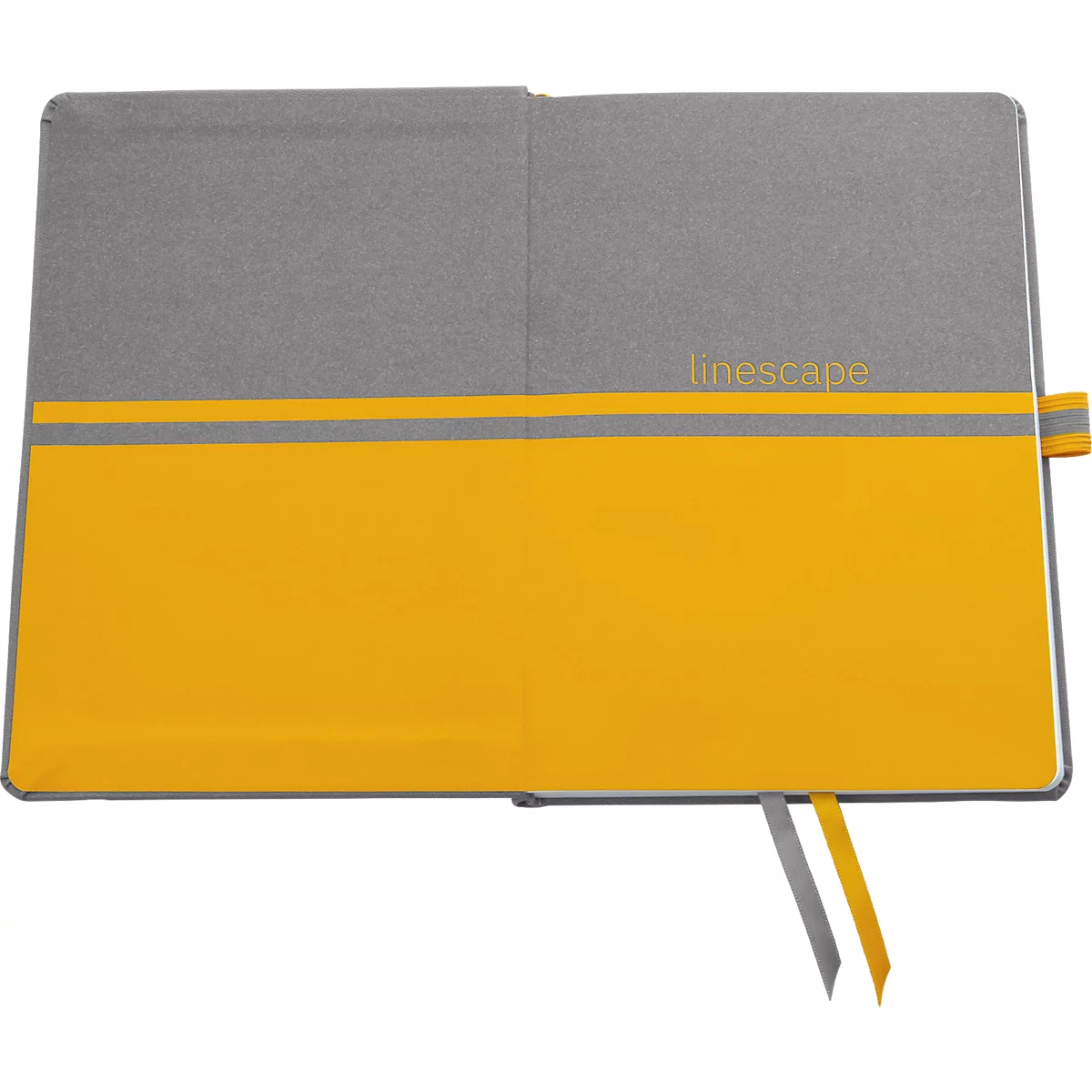 Gray notebook with yellow stripe, silver bookmark. Inscription: linescape.