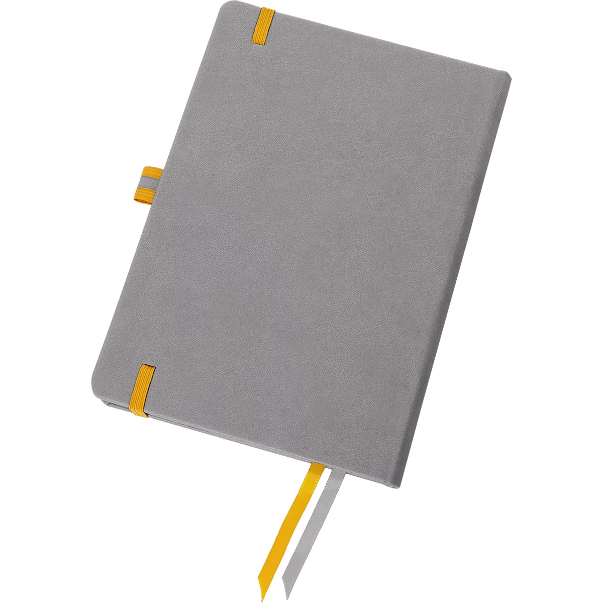Grey notebook with yellow details. Yellow bookmarks, clasp.