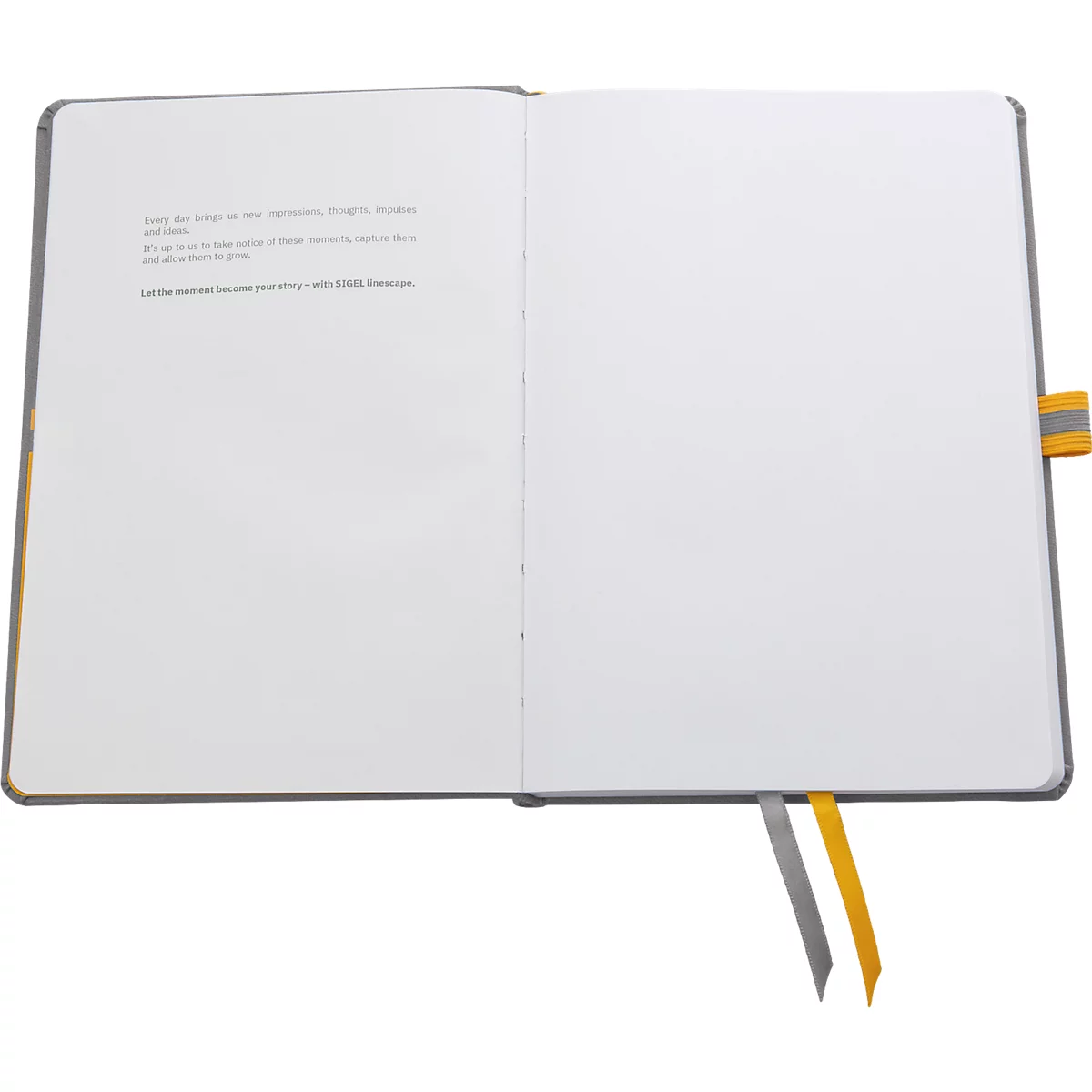 Open notebook with blank pages, grey cover, and yellow bookmarks. Text on the left page.