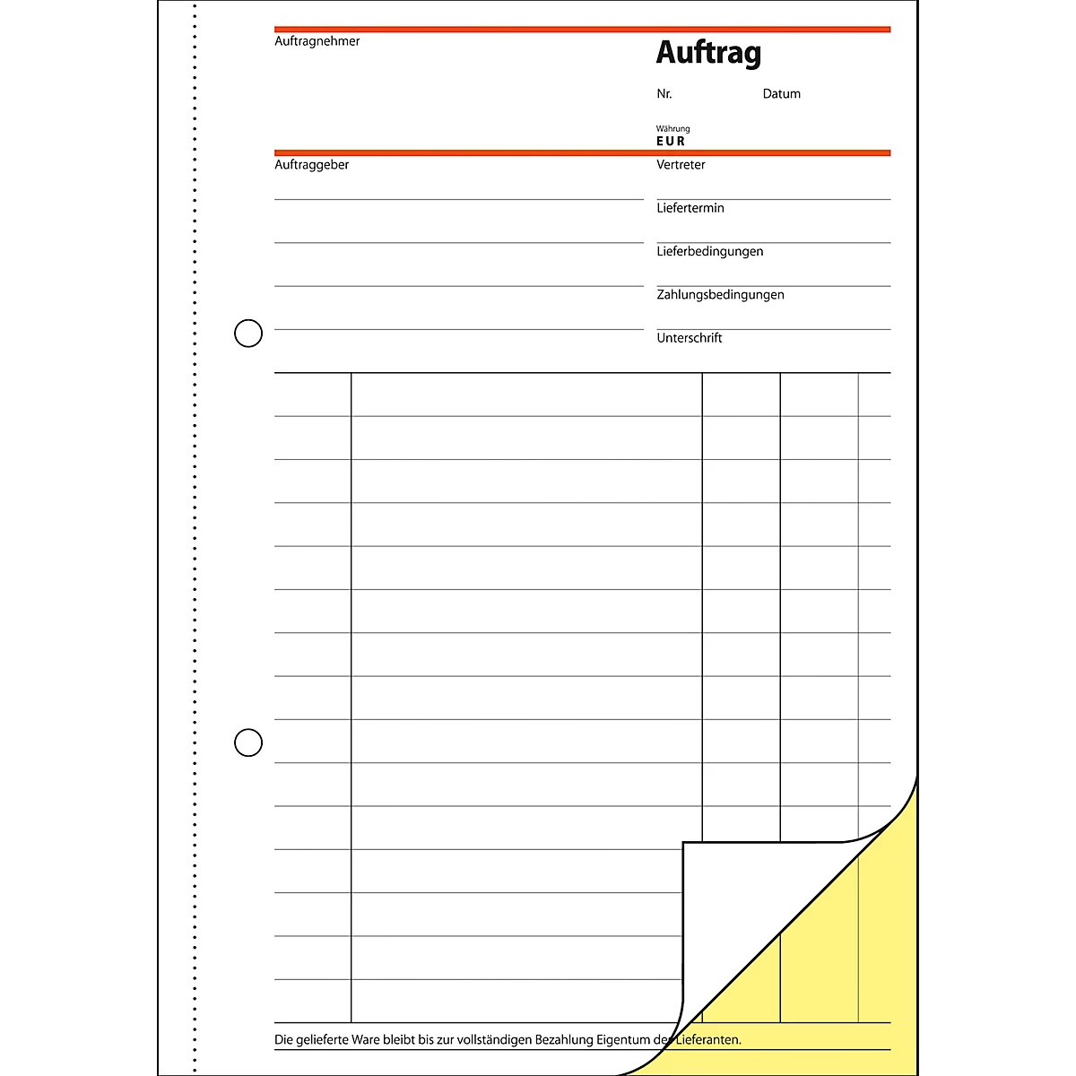 A white sheet with the word "Auftrag" and form fields, corner folded up.