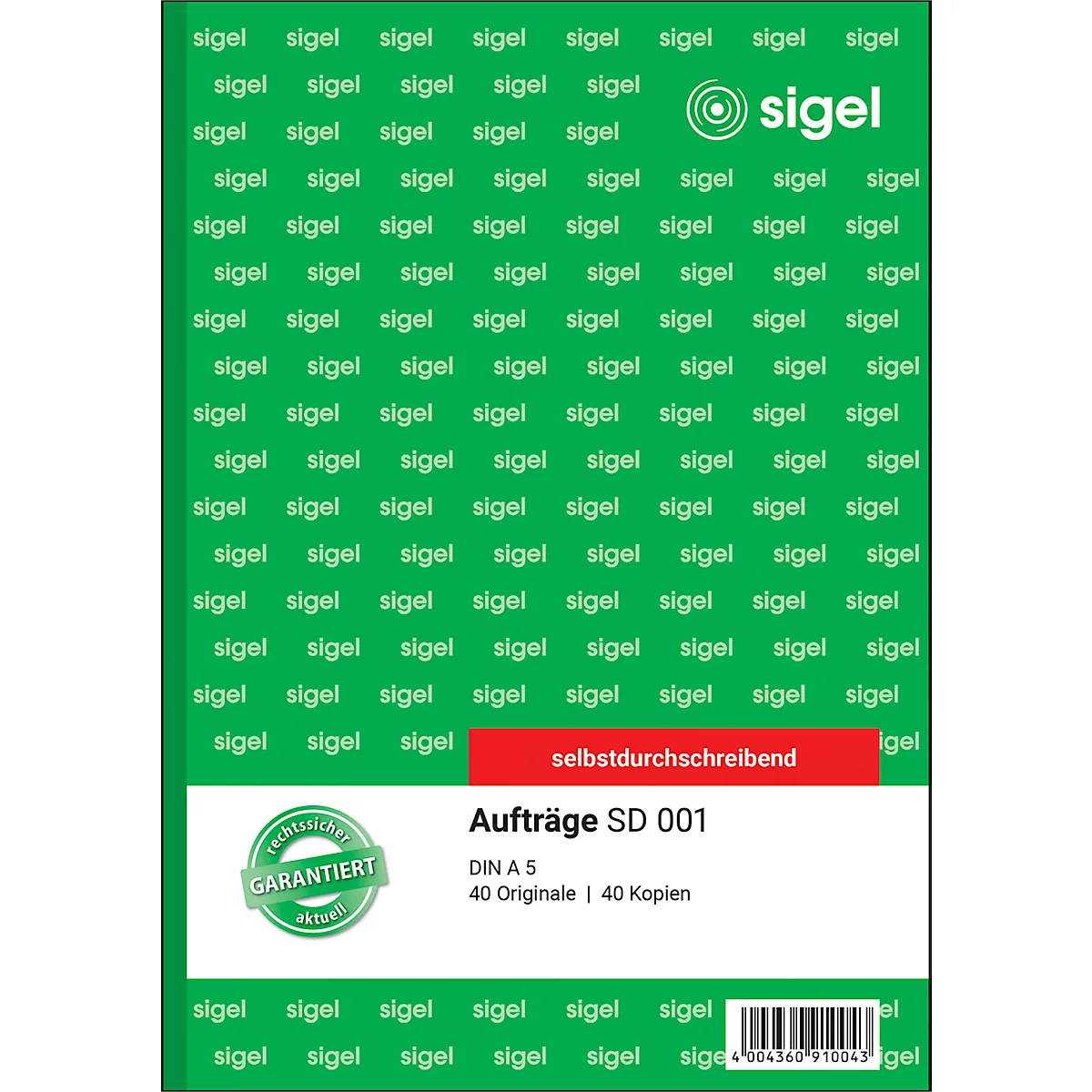 Product image: A green block with the word "sigel" in white font. Below it says "Aufträge SD 001".