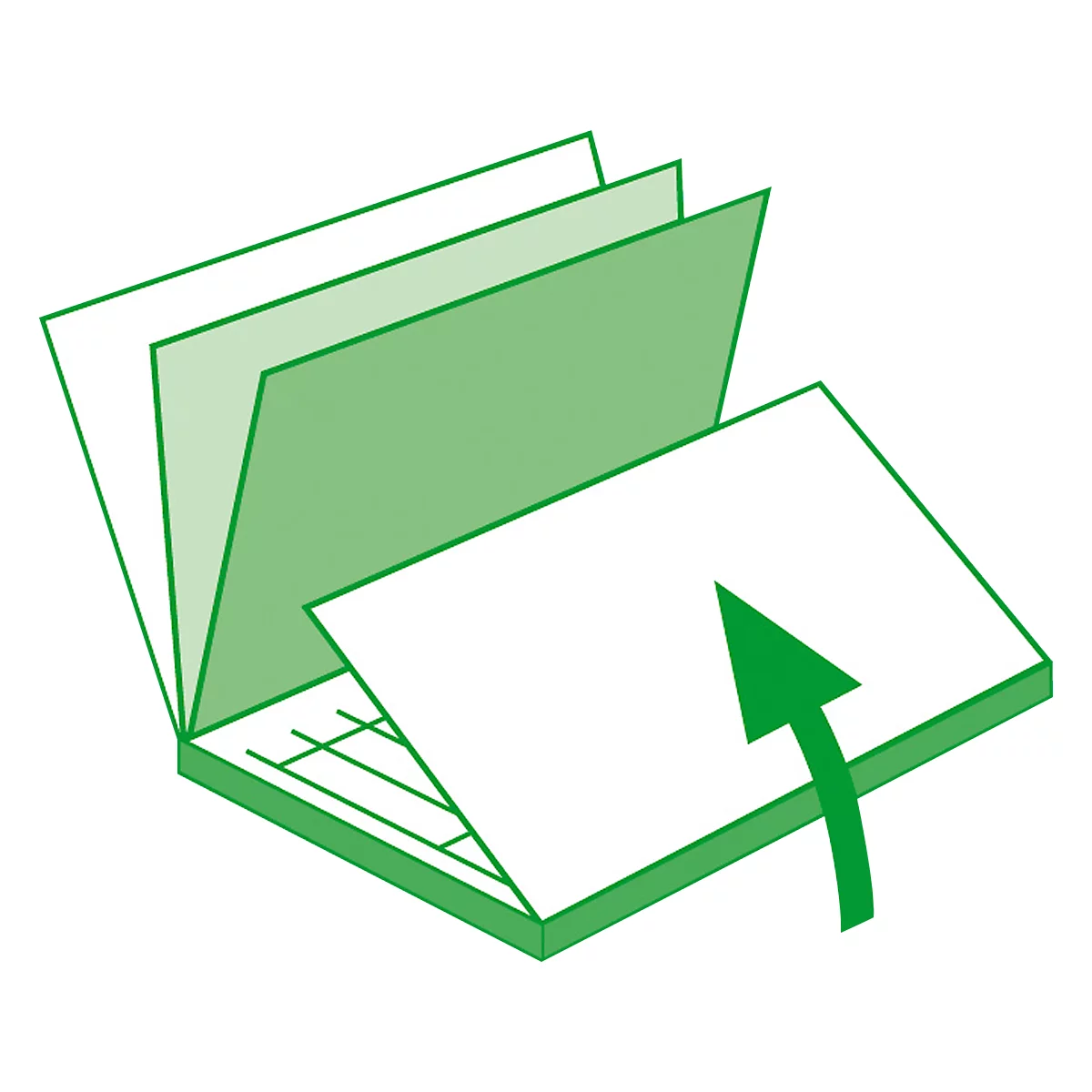 An open laptop being opened by a green arrow. The screen and keyboard are suggested.