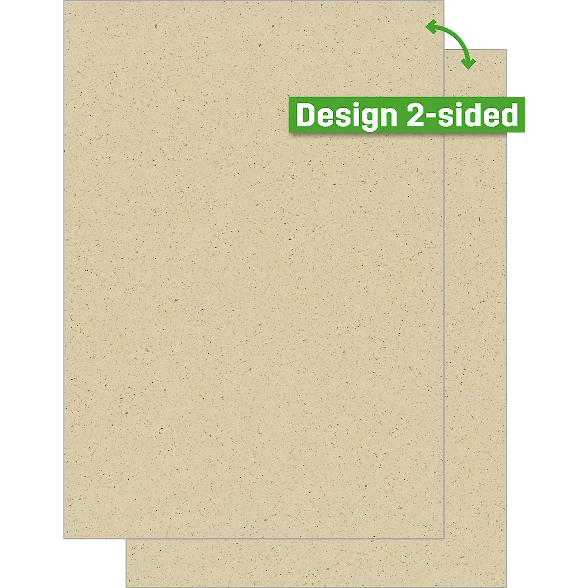 Deux feuilles de papier beiges. Sur une bannière verte, on lit "Design 2-sided".