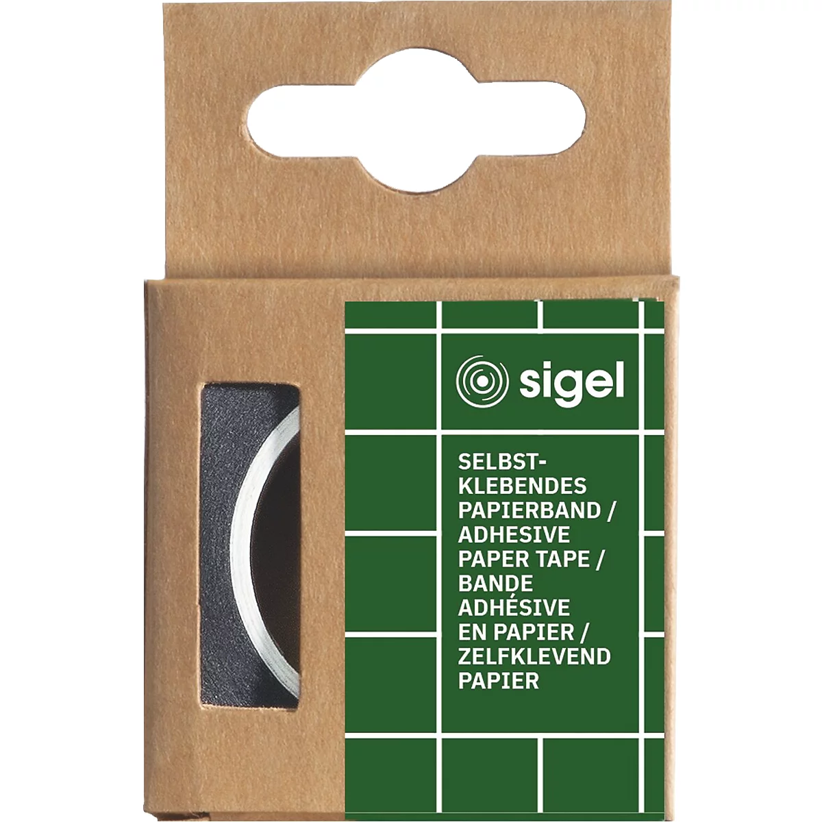 Kartonverpakking met papieren tape. De naam 'sigel' staat op het groene oppervlak.