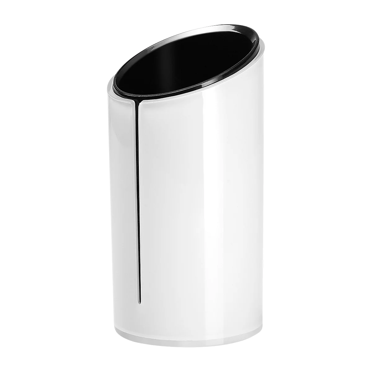 White cylindrical container with a slanted opening. Black interior, silver rim. Vertical black line on the side.