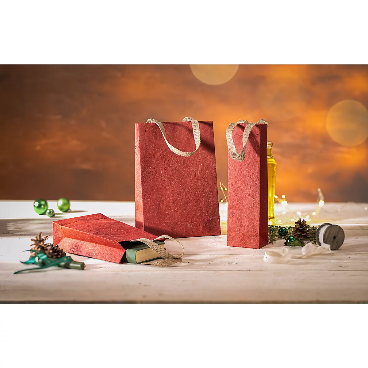 Sigel Pochette cadeau Red Coco, taille S, avec fond et larges poignées en jute, L 80 x l 190 x H 280 mm, papier en fibres de jute, rouge, 5 pièces