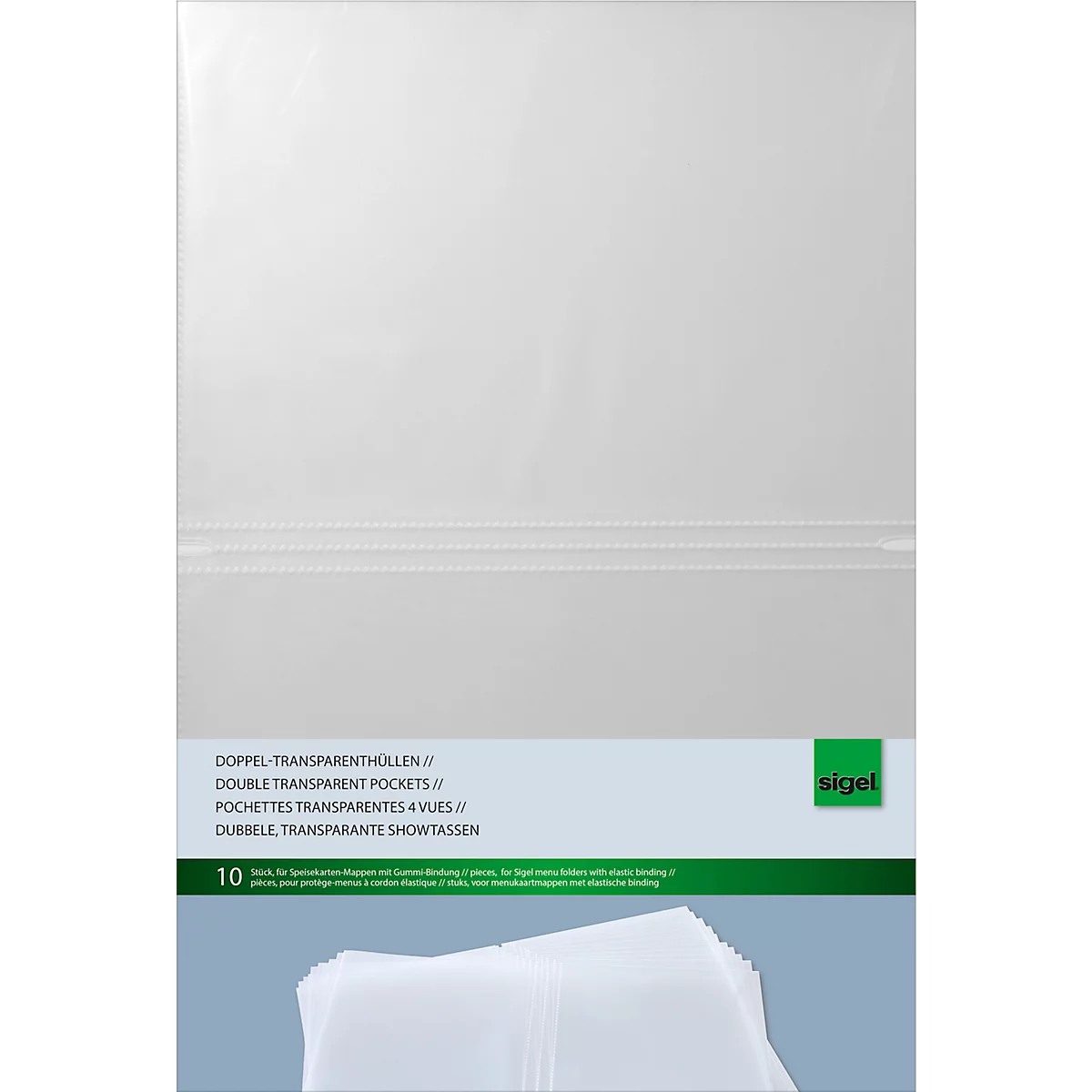 Sigel Pochettes transparentes doubles, format A4, pour dossiers de menus avec reliure en caoutchouc, plastique, transparent, 10 pièces