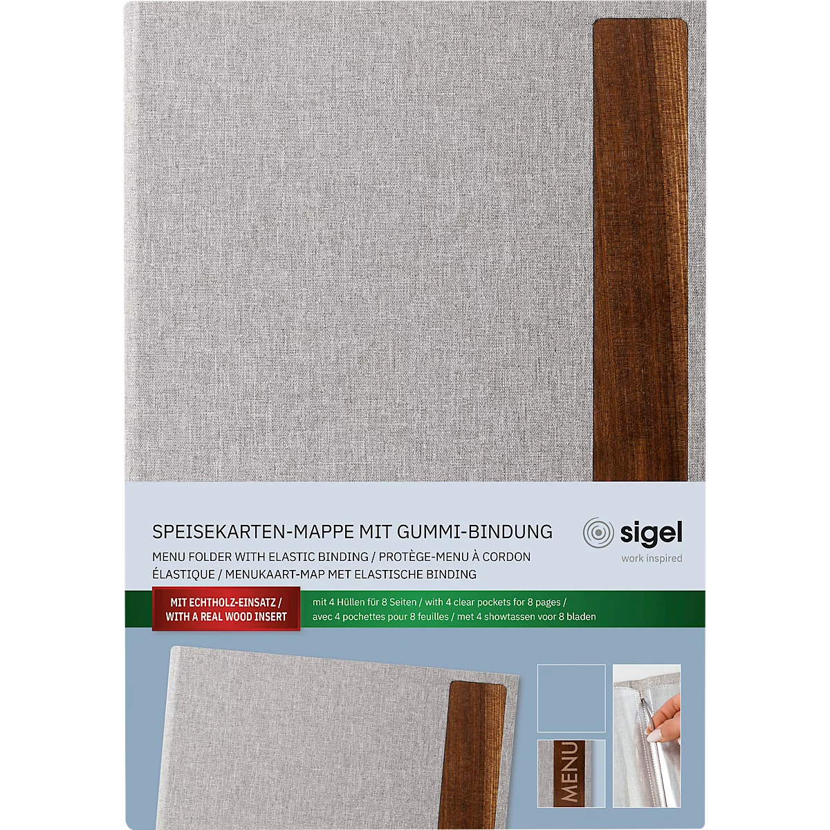 Sigel Porte-menus SM222, A4, incl. 2 pochettes transparentes doubles pour 8 pages A4, reliure caoutchouc, bois/PU, marron-gris clair, 1 pièce