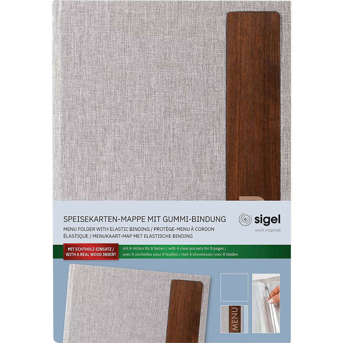Sigel Porte-menus SM223, A5, incl. 2 pochettes transparentes doubles pour 8 pages A5, reliure caoutchouc, bois/PU, marron-gris clair, 1 pièce