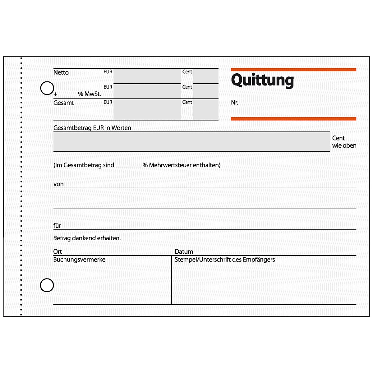 A receipt with the headings Net, VAT and Total, as well as fields for amounts and signatures.