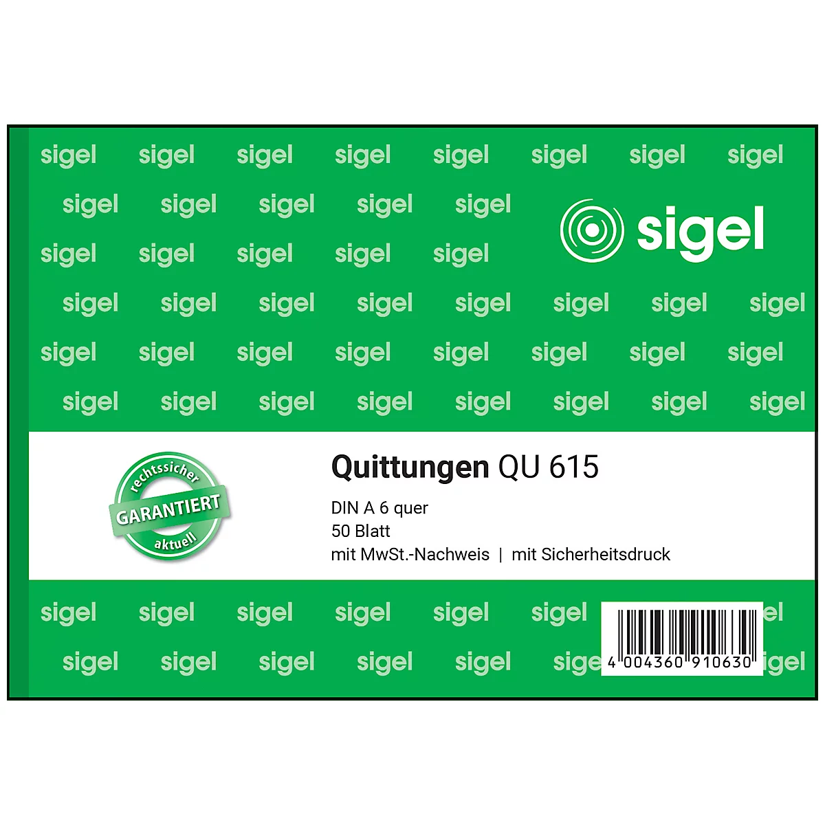 Sticker with a green background and white text. The text reads "Receipts QU 615", DIN A 6 transverse, 50 sheets. Below a barcode.