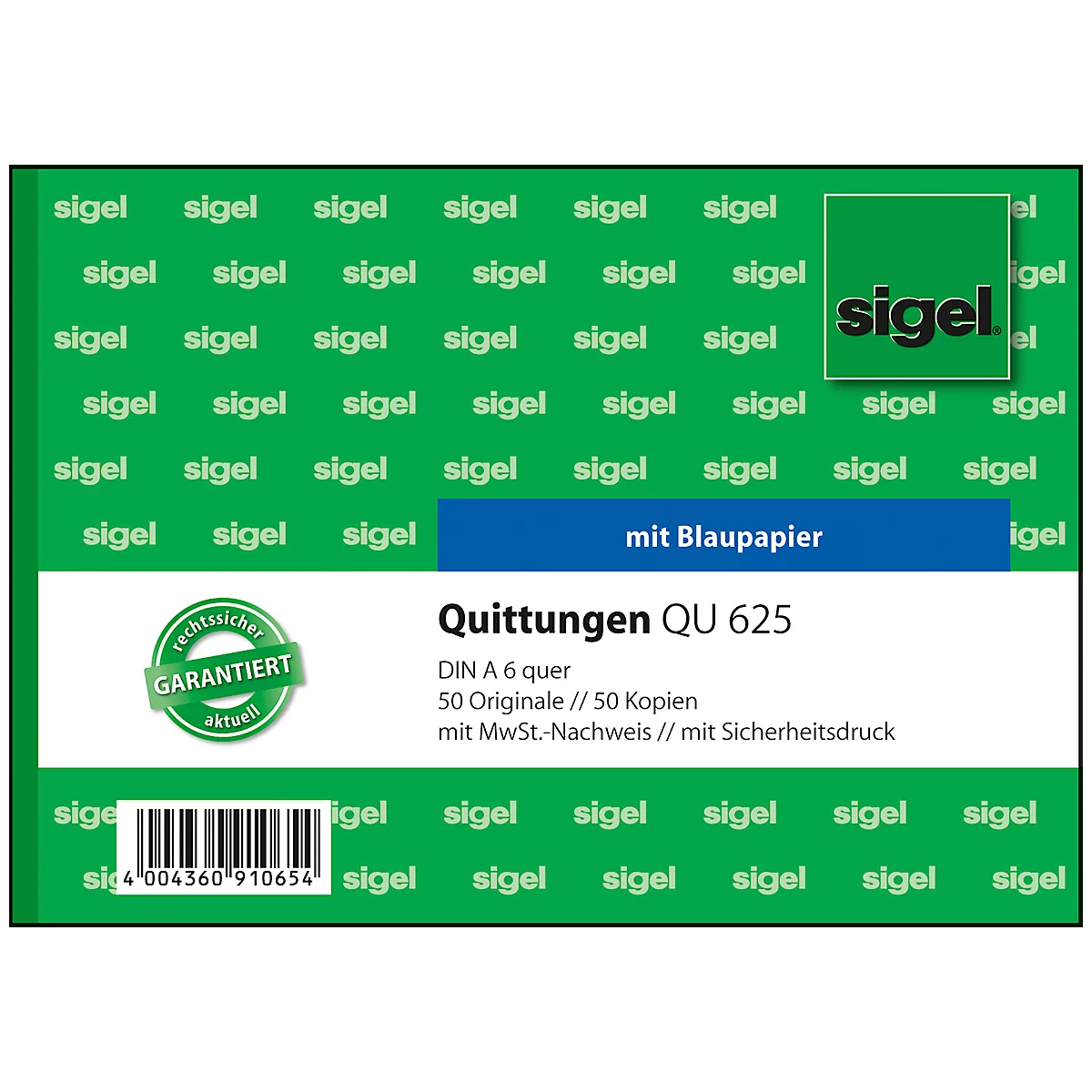 Product image of receipts, green background pattern with blue strip, lettering. "GUARANTEED", "with blue paper".