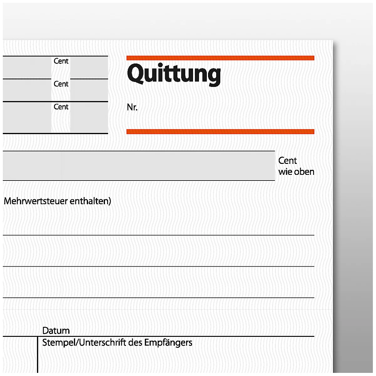 Close-up of a receipt with the heading 'Quittung' and fields for details. Orange lines at the top, empty fields on the left.