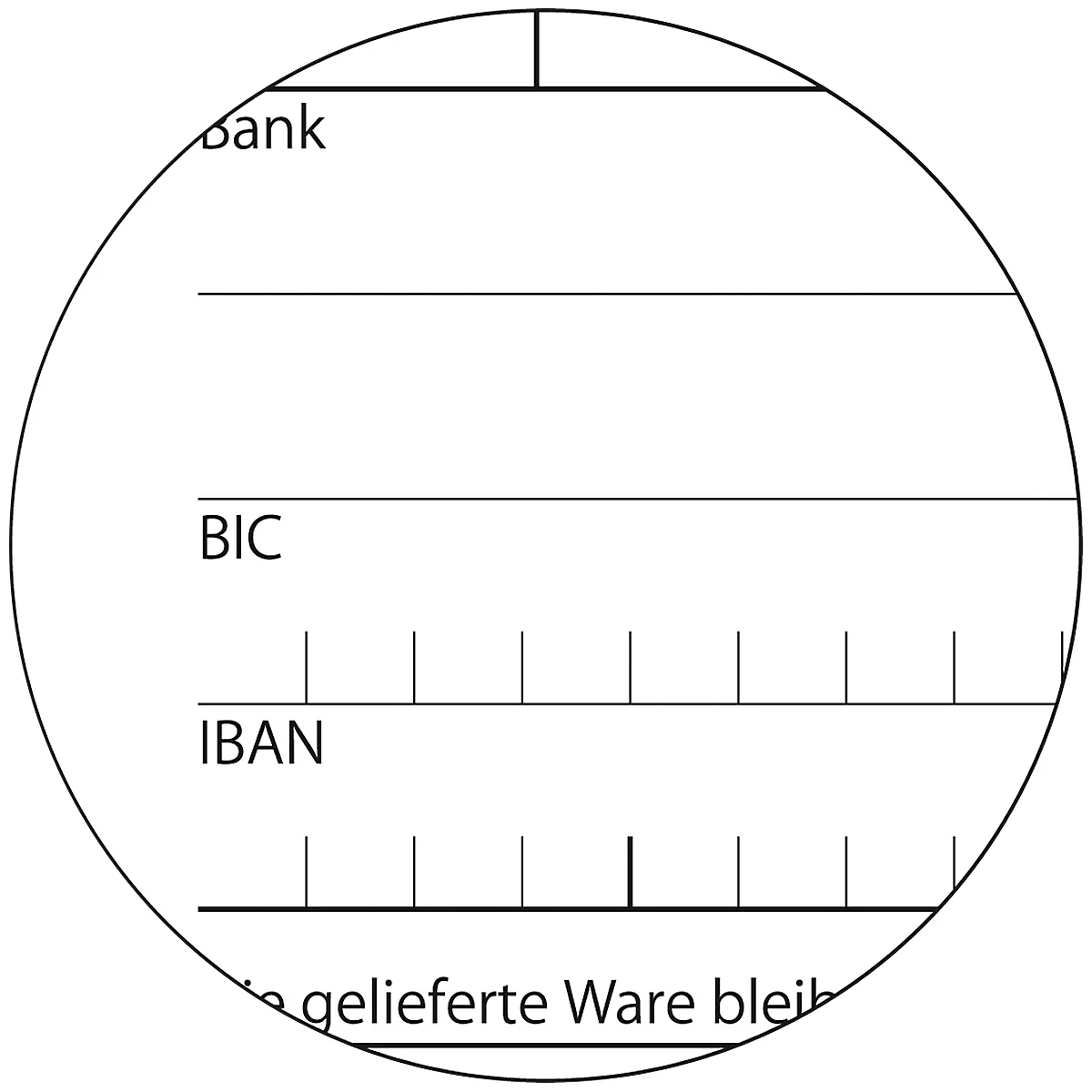Ausschnitt eines Formulars in einem Kreis. Es zeigt die Beschriftungen "Bank", "BIC" und "IBAN" sowie weitere Zeilen für Informationen.