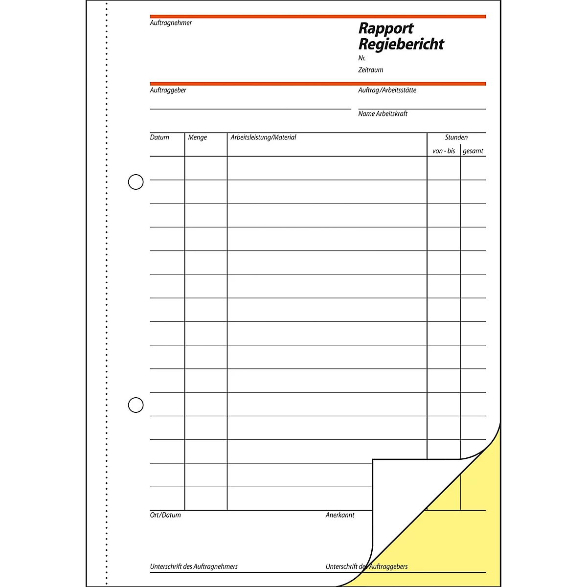White grid form with the heading "Rapport Regiebericht". Rolled corner sheet is yellow.